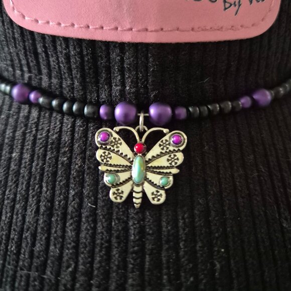 Western Purple & Black Beaded Hat Band with Butterfly Charm - Picture 1 of 4